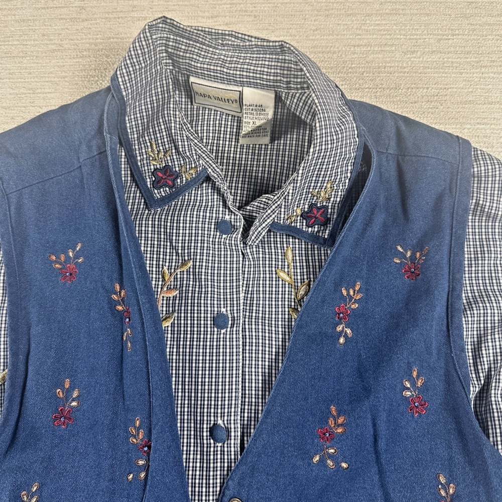 Vintage Boho Cottagecore 2 Pc Embroidered Vest Gingham Shirt XL Folk Art Grandma
